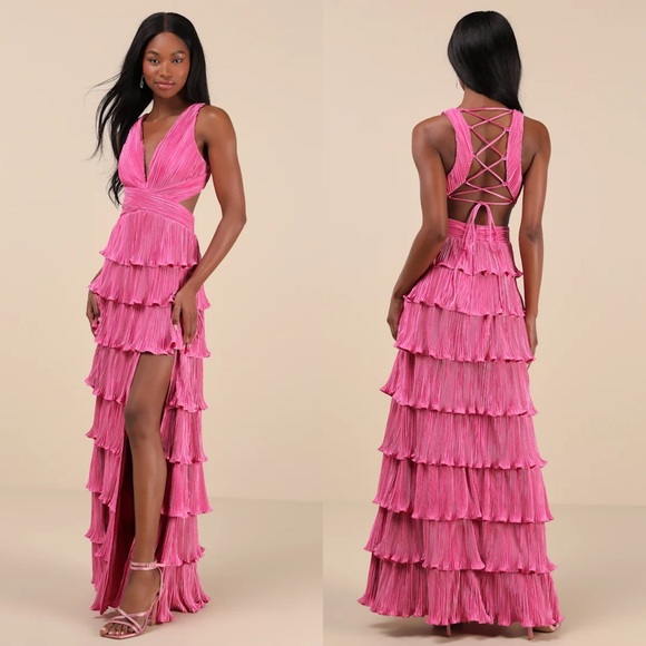 Lulus Pink Satin Pleated Tiered Lace Up Maxi Dress Size XS Formal Glam Prom - Picture 1 of 9